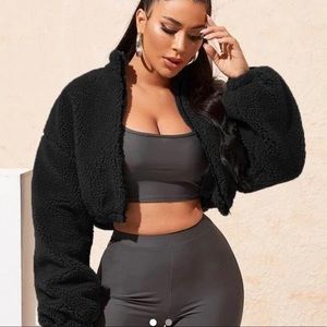 Cropped crop black oversized teddy zip up jacket